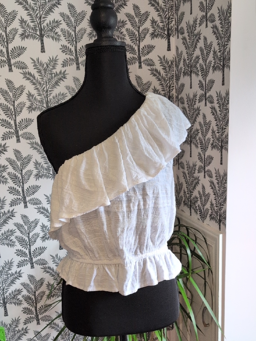 American Eagle Outfitters White One-Shoulder Ruffle Top